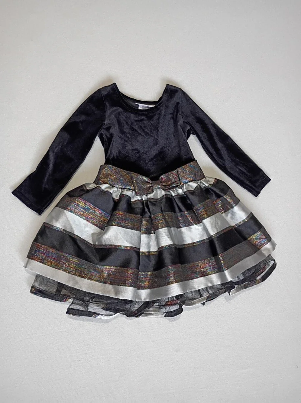 Bonnie Jean Sz 2T Party Dress Velvet Bodice Rainbow Bow Silver Black Ruffled